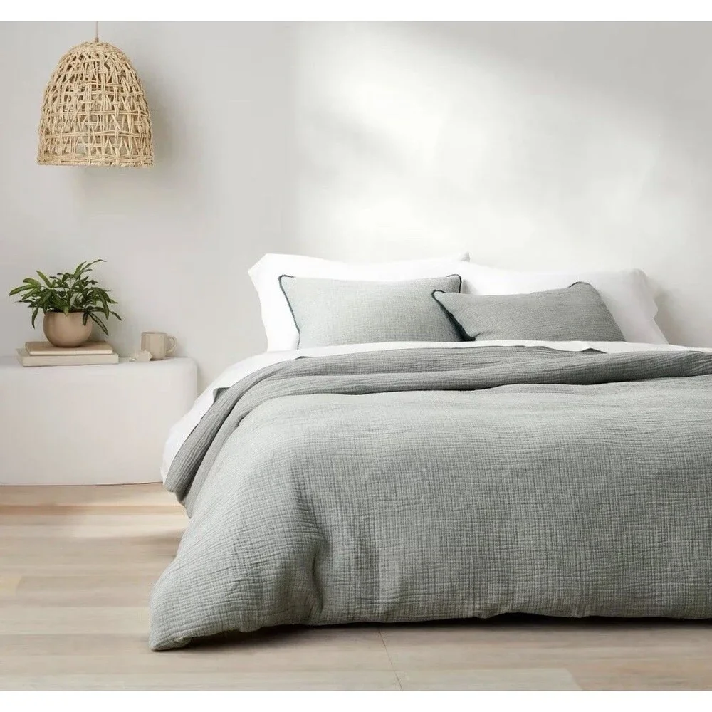 Casaluna Full Queen Chambray Cotton Duvet Cover Set Dark Teal Blue NEW